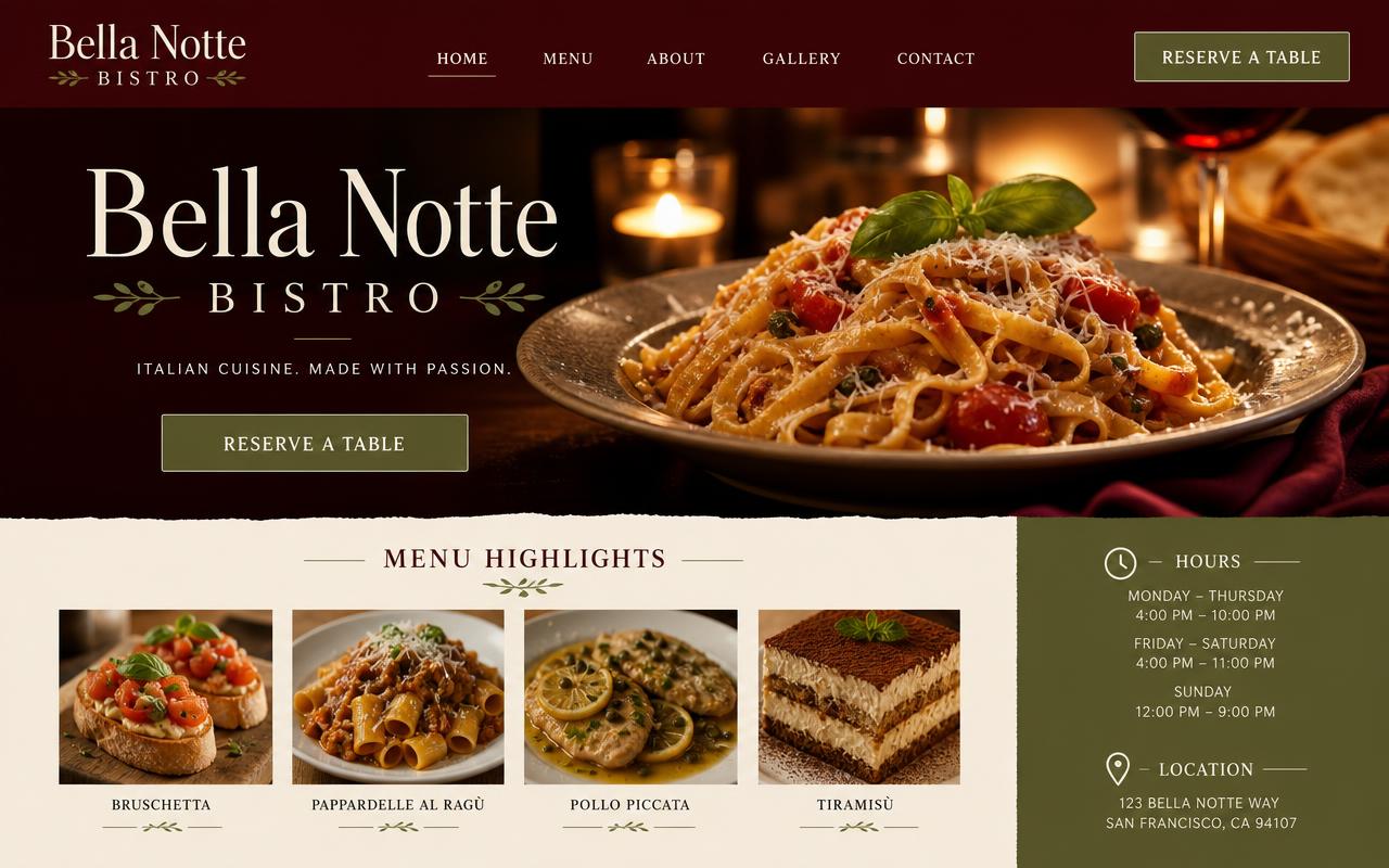 Example restaurant website preview